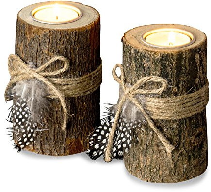 2er Set Teelichthalter Holz je 12cm hoch Kerzenhalter Federn Kerzenständer Tischdeko