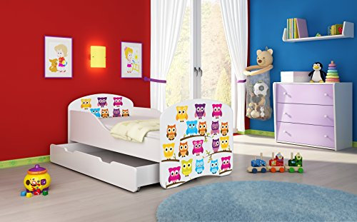 ACMA I Lit Enfant Bébé TIROIR Matelas sommier Gratuite Meubles pour Enfants (31 Hiboux, 160 x 80 cm + tiroir)