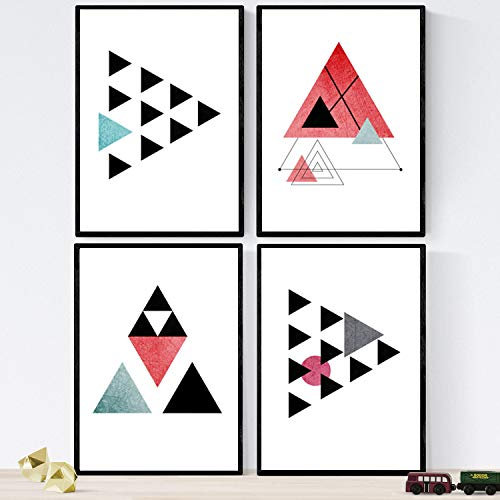 Nacnic Geometrische Poster 4-er Set. Nordischer Stil Wanddekoration Abbildung von bunten Dreicken im Rot- und Blautönen. Verschiedene Skandinavische Stil Bilder ohne Rahmen. Größe A4.
