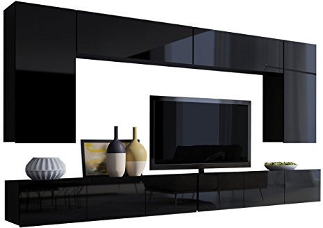 Moderne Wohnwand Calabrini XIII, Anbauwand, Mediawand, Hängeschrank, TV Lowboard, Wandregal, Fernsehschrank, Wohnzimmerschrank (Schwarz/Schwarz Hochglanz)