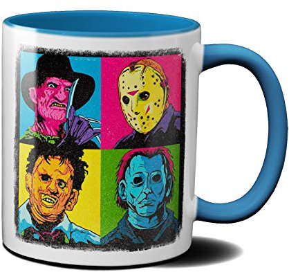 OM3® coole Kaffee-Tasse mit Pop-Art-Horror - Halloween Nightmare Serial Killers | Keramik Becher | 325ml | Beidseitig Bedruckt | Hellblau