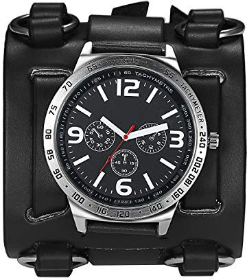 Avaner Herren Armbanduhr Analog Quarzwerk Modische Herrenuhr mit breitem Leder Armband für Männer Sport Wasserdicht mit Tachymeter Zusatzfunktion AN018-07 (Schwarz)