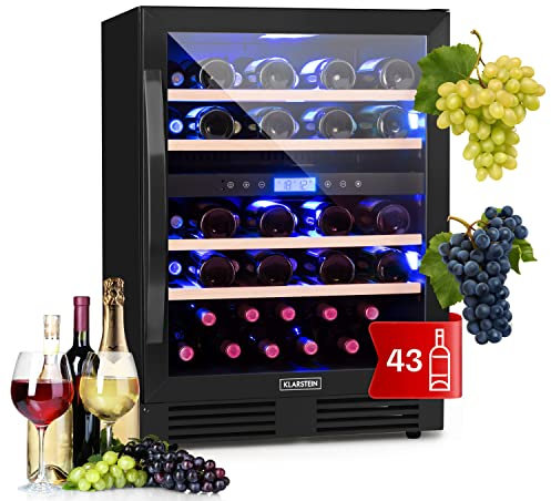 KLARSTEIN Vinoteca para Vinos de 129L Nevera Vino Zona Doble, Botellas Vino, Proseco y Cervezas, Vinoteca Pequeña Puerta Cristal para Interior y Exterior, Nevera para Vinos Capacidad 43 Botellas