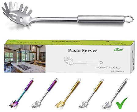 Berglander Tenedor para pasta, Servidor para pasta de acero inoxidable, Cuchara para espagueti, Servidor para espagueti, Tenedor Noddle (Plata)