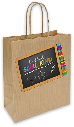 itenga Geschenkverpackung Einschulung Geschenktüte aus Papier inkl. Sticker Aufkleber Endlich Schulkind Stifte rechteckig