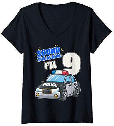 Damen Kinder-Polizeiauto 9. Geburtstag 9 Jahre Polizist Offizier T-Shirt mit V-Ausschnitt