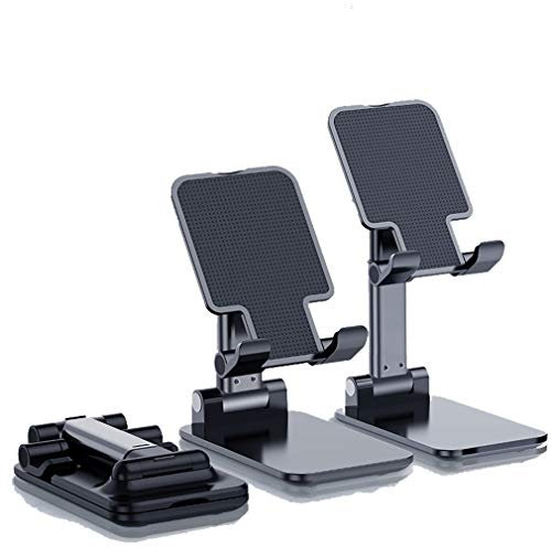 Fold Mobile Phone Stand for Desk, Aluminum Alloy Portable Tablet Stand Desktop Angle Height Adjustable Desktop Phone Holder with Mobile Phone/iPad/Kindle/Tablet-Black