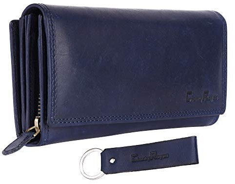 Chunkyrayan Damen Portemonnaie Echtleder XXL RFID Schutz inklusive Leder Schlüsselanhänger P GB-7 Blue 1