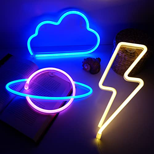NELUX Confezione da 3 Fulmine, Pianeta e Nuvola - Luci Neon LED Gaming, Lampada Neon Parete Gamer, Insegna Luminosa LED Camera Decorazioni, Scritta Luce Insigne Luminose. Connessione USB o batterie