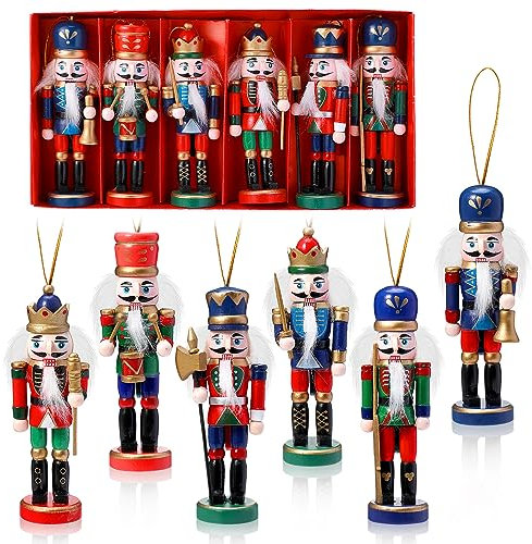 Auniq Cascanueces de Navidad de Madera, 6pcs Estatuilla de Figura de Soldado Cascanueces Muñeco 13cm Pintura Clásica Muñeca Hecha A Mano Ideal para la decoración del hogar de Regalo de Fiesta