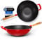 Oakfire Wokpfanne Emailliert Gusseisen Induktion 31cm Groß Grill Wok Pfanne Holzgriff Cast Iron mit Non-Stick Patina, Emaille