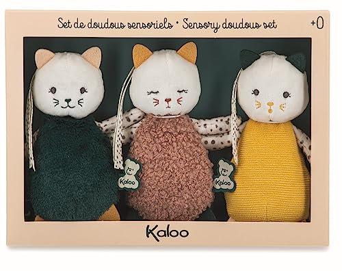 KALOO - Stimuli - Mes Petits Chats à Caresser - Set de 3 Doudous Sensoriels Bébé - Jouet d'Eveil Motricité et Manipulation - 14 cm - Dès la Naissance, K971600