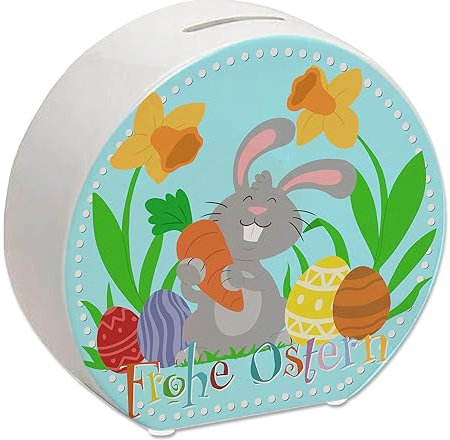 Frohe Ostern Spardose mit niedlichem Osterhasen und Ostereiern als schöne Frühlings- oder Osterdekoration um Dein Kleingeld zu Sparen oder als passendes Geldgeschenk zu Ostern