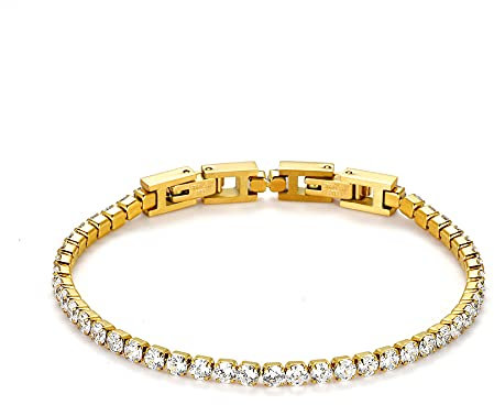 JewelryWe Tennisarmband Damen Armband mit Zirkonia: Gold Edelstahl Tennis Armband Verstellbar Armkette Armreif Fußkettchen mit abnehmbarem Verschluss Elegant Schmuck 2mm Breit 19cm Länge
