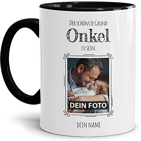 Tasse mit Spruch - Der schönste Grund Onkel zu sein - Personalisierbare Keramiktasse mit Namen und Foto - Geschenk Onkel - Innen & Henkel Schwarz, 300 ml