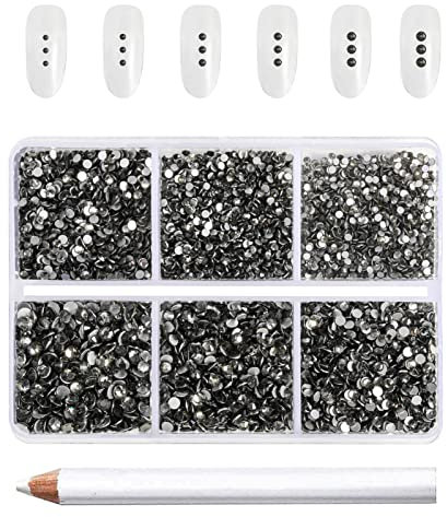 Beadsland 7200 Pcs Flatback Rhinestones for Nails,Gray Round Small Crystal Glass Rhinestones Gems for Crafts,Mixed 6 Sizes with Wax Pencil Kit,SS3-SS10,Black Diamond