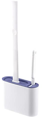 Brosse De Toilette Silicone WC Nettoyant Brosse De Toilette Pas De Brosse De Nettoyage De Toilette Morte Tête Plate Brosse À Poils Souples Flexibles avec Support,Bleu