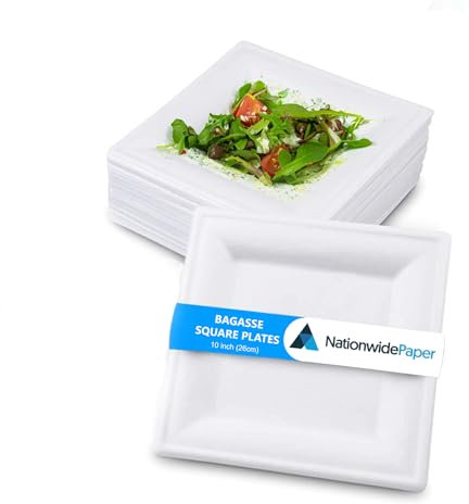NationwidePaper 10 Inch Biodegradable Square Paper Plates, Bagasse White Disposable Plates, Strong Party Plates (125 Pcs)