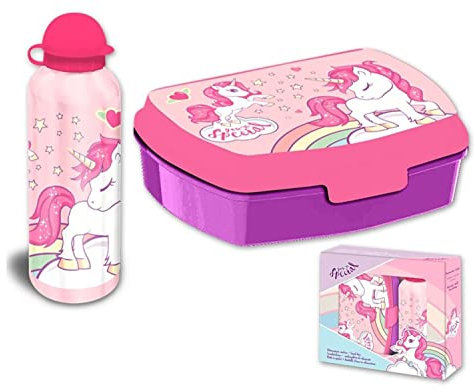HOVUK Fiambrera de unicornio y botella de agua de aluminio de 500 ml para niños, viajes de vuelta a la escuela, juego de sándwich para niños a partir de 3 años