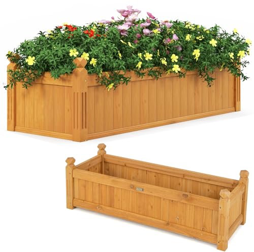 COSTWAY Blumenkasten aus Tannenholz, Rechteckiger Hochbeet mit Drainagesystem, Pflanzkasten für Gemüse & Blumen & Kräuter, Pflanzbeet für Garten, Terrasse & Balkon, 110 x 40 x 35 cm