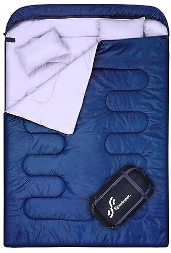Schlafsack Outdoor: Sportneer Schlafsäcke 2 Personen Doppelschlafsack 220x150cm, 3.5kg mit 2 Kissen, Vier Doppel Zippern, Erwachsene Deckenschlafsack für Familie, Blau