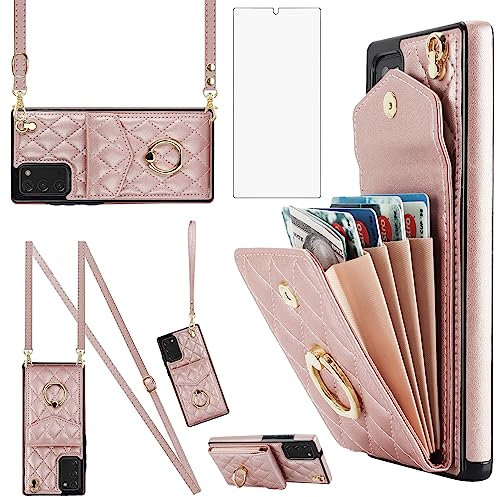 Asuwish Handyhülle für Samsung Galaxy Note 20 5G Hülle mit Band Folie Schutzfolie RFID Ring Ständer Kartenfach Klappbar Geldbörse Note20 Handy Hüllen Schutzhülle Damen Leder Wallet Phone Case Roségold