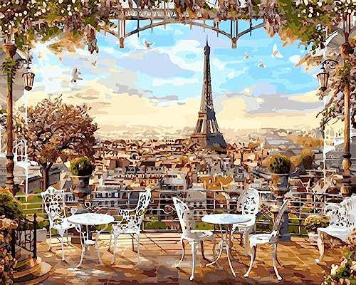 Artnapi Malen nach Zahlen Erwachsene mit Rahmen | DIY Handgemalt | Café mit Blick auf Eiffelturm | Kit für Anfänger und Erwachsene | Set inklusive Acrylfarben & Pinsel | 40x50cm Leinwand | Geschenke