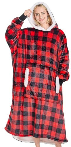 yescool Tragbare Decke mit Kapuze, Flanell-Sherpa-Fleece-Decke, Sweatshirt für Erwachsene, Damen, Herren, große Plüsch-Kapuzendecke mit Kapuze, Tasche und Ärmeln, Größe L, Einheitsgröße (Rot kariert)