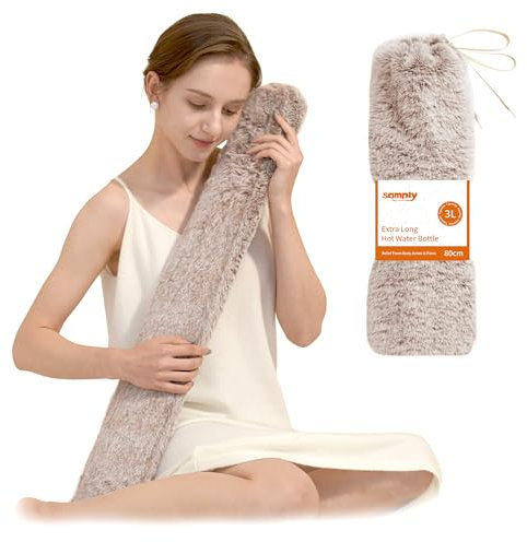 samply Lang Wärmflasche mit Bezug Flauschig, Groß Schlauch 3 Liter Long Hot Water Bottle mit Zum Umbinden, Bettflasche für Frauen Männer (Braun)