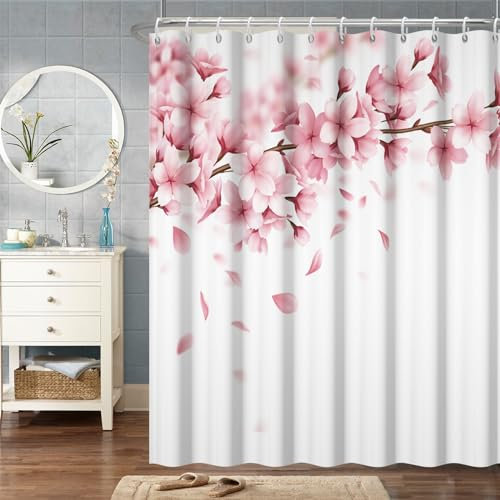 Bovlleetd Rideau de Douche Floral Rose Tissu Printemps Romantique Fleur Rideau de Douche Floral pour Salle de Bain Fleur de pêcher Rideau de Douche de Salle de Bain avec Crochets 92W x 183H cm