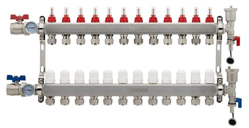 Vancoco Heizkreisverteiler Edelstahl für 12 Heizkreise mit Eurokonus 3/4 (16 x 2 mm), Fußbodenheizung Verteiler mit Durchflussmesser, Schnellentlüfter Set, 1 Kugelhähne und Klemmringverschraubung