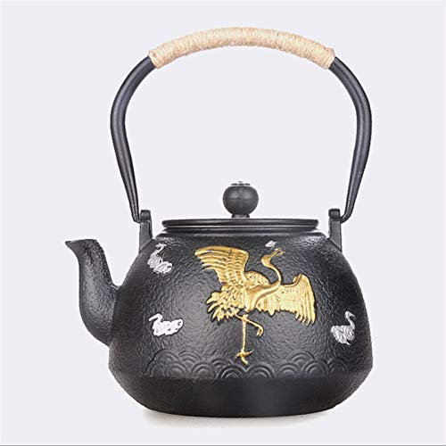 Chinese Uncoated Tea Set Kylin Double Iron Embossed Kettle Cast Iron Teapot with Removable Stainless Steel Filter