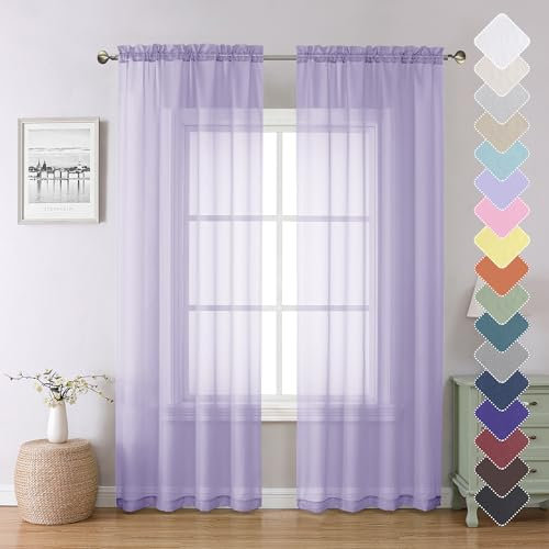 Lecloud Hellviolette transparente Vorhänge, 213 cm lang, 2 Paneele, Doppelstangentasche, Fenster, Esszimmer/Wohnzimmer, Lavendelvorhang, lichtfilternd, Solider Voile, Mädchen-Schlafzimmer, Vorhänge