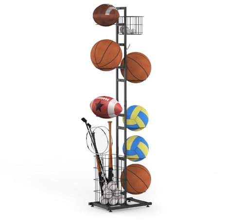 Nisorpa Ballregal, Basketball Aufbewahrungsregal Abnehmbares Standing Halter with 7 Ball Ständer und Körben, Vertical Ball Rack Halter für Rugby Volleyball Fußball Display