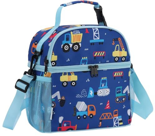 VASCHY Bolsa Almuerzo para Niños Niñas, Bolsa Térmica Porta Alimentos Nevera Portatil con Doble Compartimento Bolsa Merienda Infantiles para Escuela Guardería Picnic, Vehículos