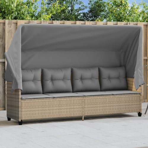 HEFZGDB Sonnenliege mit Dach und Kissen Beige Poly Rattan Feldbett Gartenliege Strandkorb Geeignet für Pool, Terrasse, Garten.