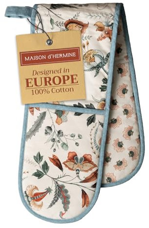 Maison d' Hermine Double Oven Mitts 100% Cotton 18 cm x 89 cm Double Oven Mitt Heat Resistant BBQ Cooking Gloves with Loop, Baking, Grilling, Home, Kitchen, Handling Hot Pans Spring Summer (Dalida)