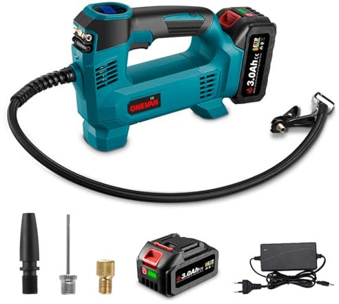 ONEVAN Luftpumpe 10 Bar Akku Kompressor Reifenfüller mit LCD Anzeige und LED Lampe, Elektrische Tragbar Fahrradpumpe Luftkompressor für Auto Fahrrad Motorrad Bälle Pool (2 x 3.0Ah Akkus)