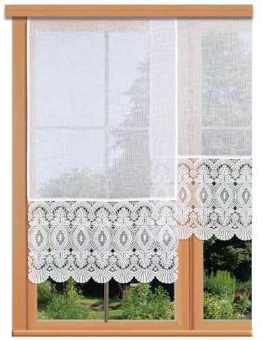 Flächenvorhang Chrissi Vogtländische Spitze weiß | Landhaus-Flächengardine Käseleinenoptik | Schiebepaneele mit moderner Stickerei-Fächerspitze handgefertigt | Schiebegardine HxB 110 x 55 cm