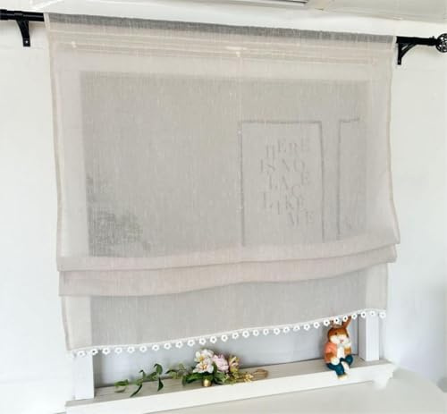 Vordesack Leinenoptik Raffrollo mit Floral-Kante Unifarbige Raffgardine mit Stangendurchzug Landhausstil Wohnzimmer halbtransparent Gardinenschal Küche Raffgardine 1 Stück Sand HxB 140x90cm