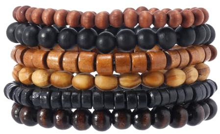 MILAKOO 8mm Wood Stretch Bracelet 6pcs Elastic Rope Cuff for Men Women Mala Beads Vintage Style