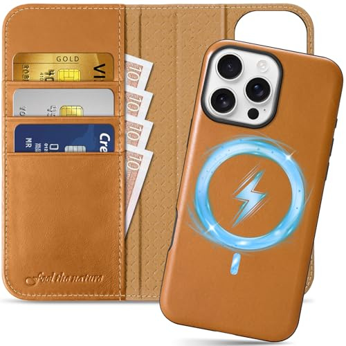 SHIELDON Hülle für iPhone 16 Pro Max, Handyhülle [Abnehmbar] [Kabelloses Laden] [RFID Blocker] [Ständer] 2 IN 1 Hülle Klapphülle Kompatibel mit iPhone 16 Pro Max 6,9 2024 - Retro Hellbraun