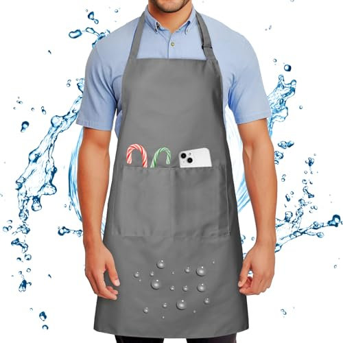 Wasserdicht Schürze mit 2 Tasche Verstellbare Kochschürze für Männer Damen Kein Waschen Verhindert Ölstaubflecken Küchenschürze für Kochen BBQ Hundepflege Gartenarbeit Backen Malerei Grau