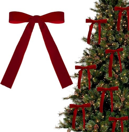 Christmas Tree Bows - 12pcs Red & Wine Ribbon with Twist Tie for Tree Decorations, Wreath, Garland & Ties (01-Red, 12PCS)