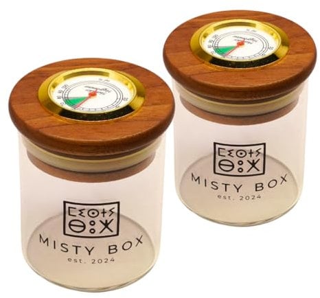 Misty Box – 2 x Aufbewahrungsglas mit Hygrometer je 90ml | Gewürzgläser mit rundem Holzdeckel | Luftdicht und geruchsdicht | Vorratsglas für Tee ideal als Geschenk Set