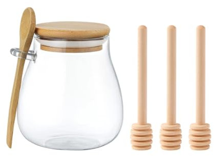 FSSTUD Glass Honey Dispenser with Spoon No Drip Honey Container Small Clear Honey Pot Honey Storage Jar with Lid and 3 Pcs Extra Wooden Honey Mixing Stirrer Small Honey Dipper Sticks