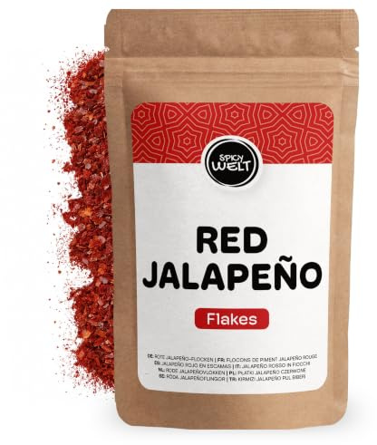 Spicy Welt Rote Jalapeño Flocken (250g) – Jalapeño Geschrotet für Tacos, Pizza, Burger & Dips | Fruchtig-süß & Angenehm Scharf | 100% Naturrein, Ohne Zusätze