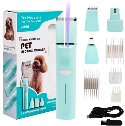 Dufuso Leise Schermaschine Katze Set, 4 in 1 Haarschneidemaschine Mit LED-Licht, Profi Pfotentrimmer Für Hunde, Für Große Kleine Katzen Hunde, Für Pfoten, Augen, Ohren, Gesicht, Körpe (Grün)