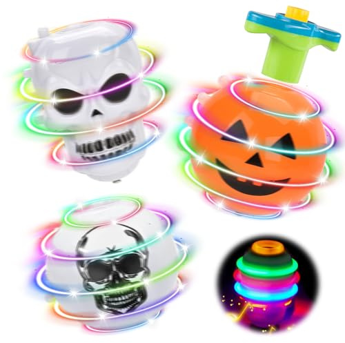 Halloween Mitgebsel Kinder, 3 Stücke Kreisel für Kinder, Kreiselspielzeug LED-Gyroskop mit Griffen und Musik, Gyroskop Kreisel Leuchtspielzeug, Mitgebsel Kindergeburtstag, Pinata Füllung, Give Aways