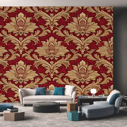 Damask Wallpaper for Living Room, Baroque Red and Gold Wall Mural for Bedroom, Non-Woven Photo Wallpaper Home Decor 200X140cm, Wall Decoration